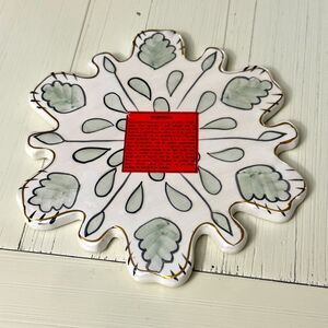 Blue Sky Clayworks Candle Plate Luster Glaze Finish Green Leaves Ceramic 7”